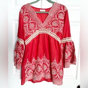 Vibrant Velzera mini dress/tunic - deep salmon color with cream embroidery
